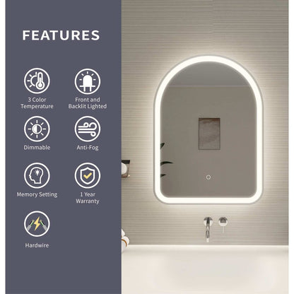 30 Inch Arch LED Front and Backlit Wall Mirror in Silver