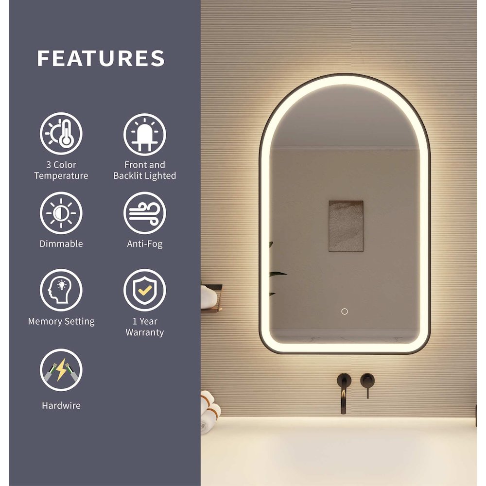 36 Inch Arch LED Front and Backlit Wall Mirror in Black