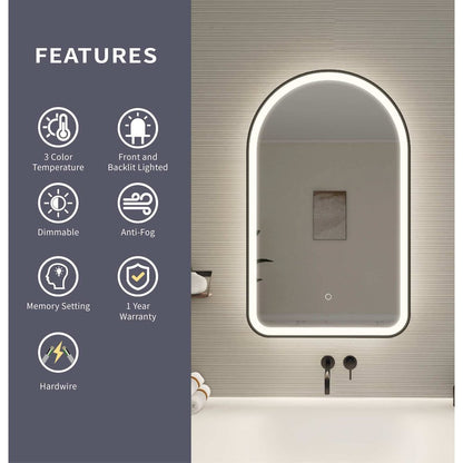 36 Inch Arch LED Front and Backlit Wall Mirror in Black