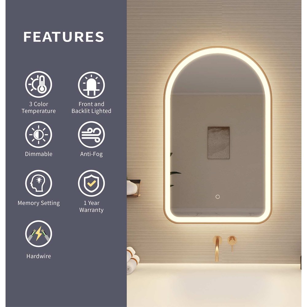 36 Inch Arch LED Front and Backlit Wall Mirror in Satin Gold