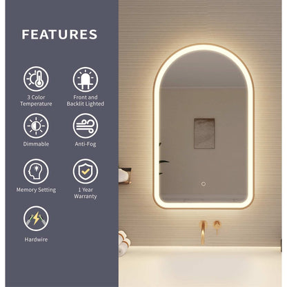 36 Inch Arch LED Front and Backlit Wall Mirror in Satin Gold