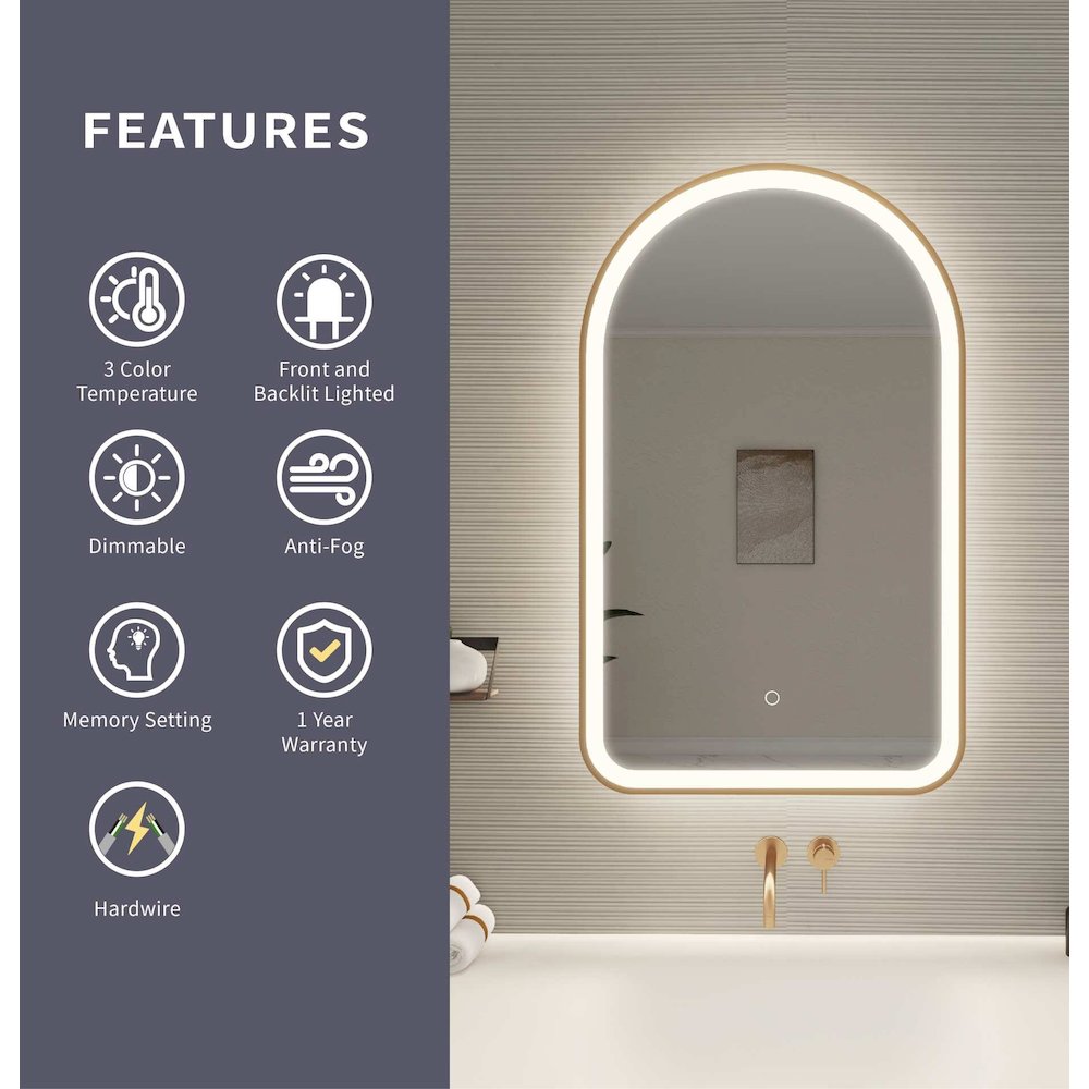 36 Inch Arch LED Front and Backlit Wall Mirror in Satin Gold