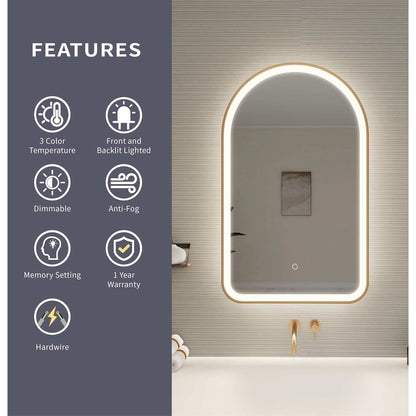 36 Inch Arch LED Front and Backlit Wall Mirror in Satin Gold