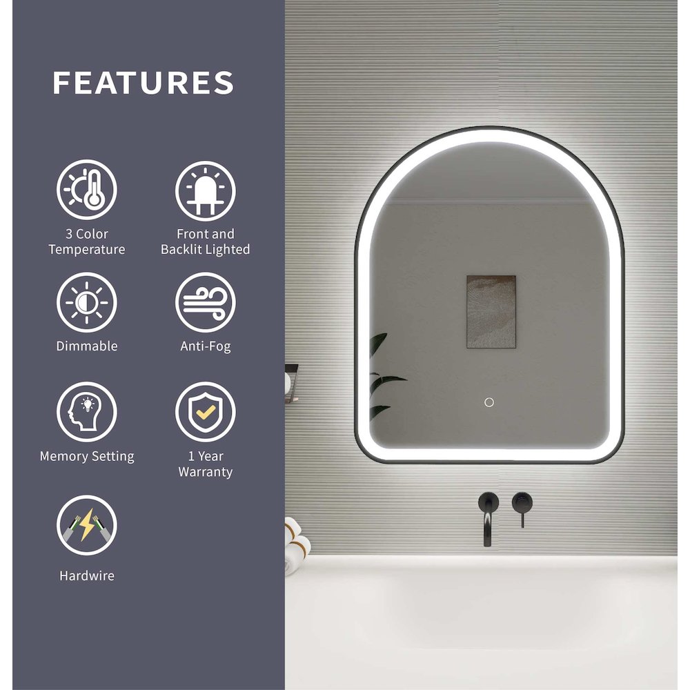 30 Inch Arch LED Front and Backlit Wall Mirror in Black