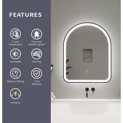 30 Inch Arch LED Front and Backlit Wall Mirror in Black