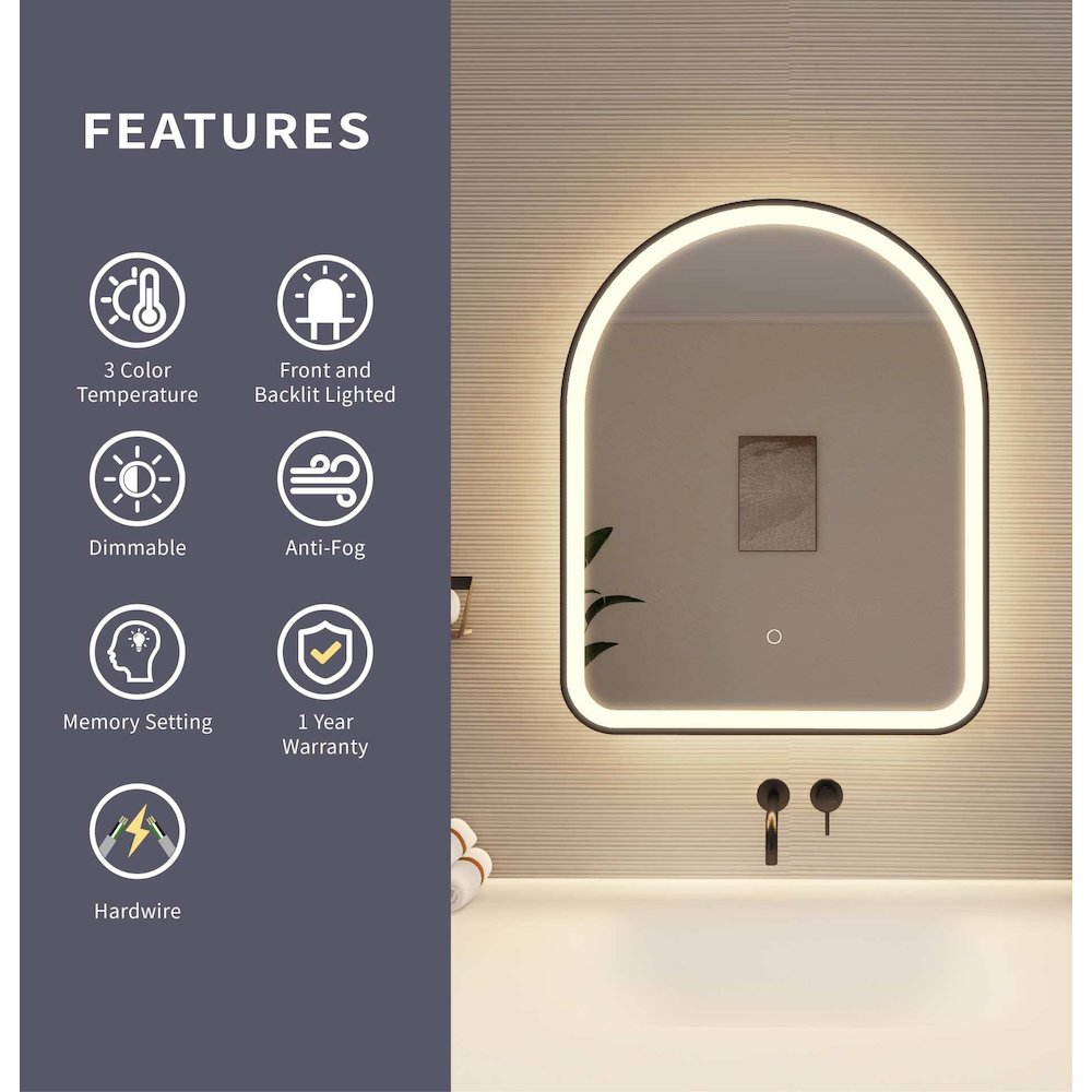 30 Inch Arch LED Front and Backlit Wall Mirror in Black