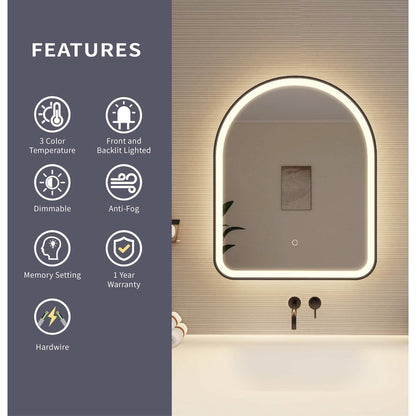 30 Inch Arch LED Front and Backlit Wall Mirror in Black