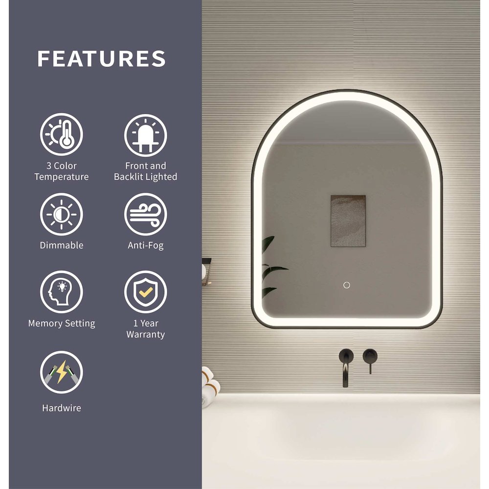 30 Inch Arch LED Front and Backlit Wall Mirror in Black