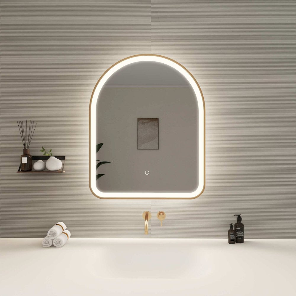 30 Inch Arch LED Front and Backlit Wall Mirror in Satin Gold