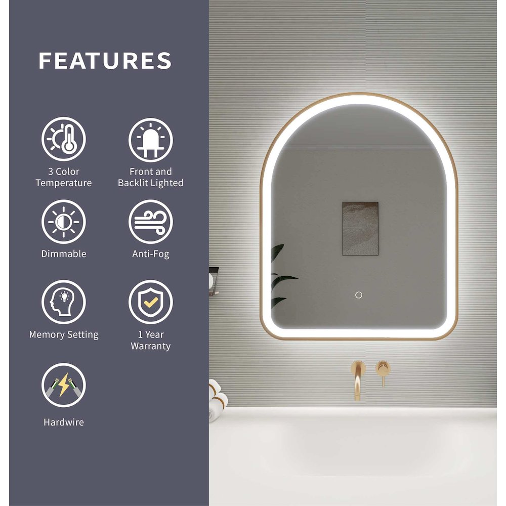 30 Inch Arch LED Front and Backlit Wall Mirror in Satin Gold