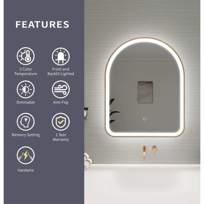 30 Inch Arch LED Front and Backlit Wall Mirror in Satin Gold
