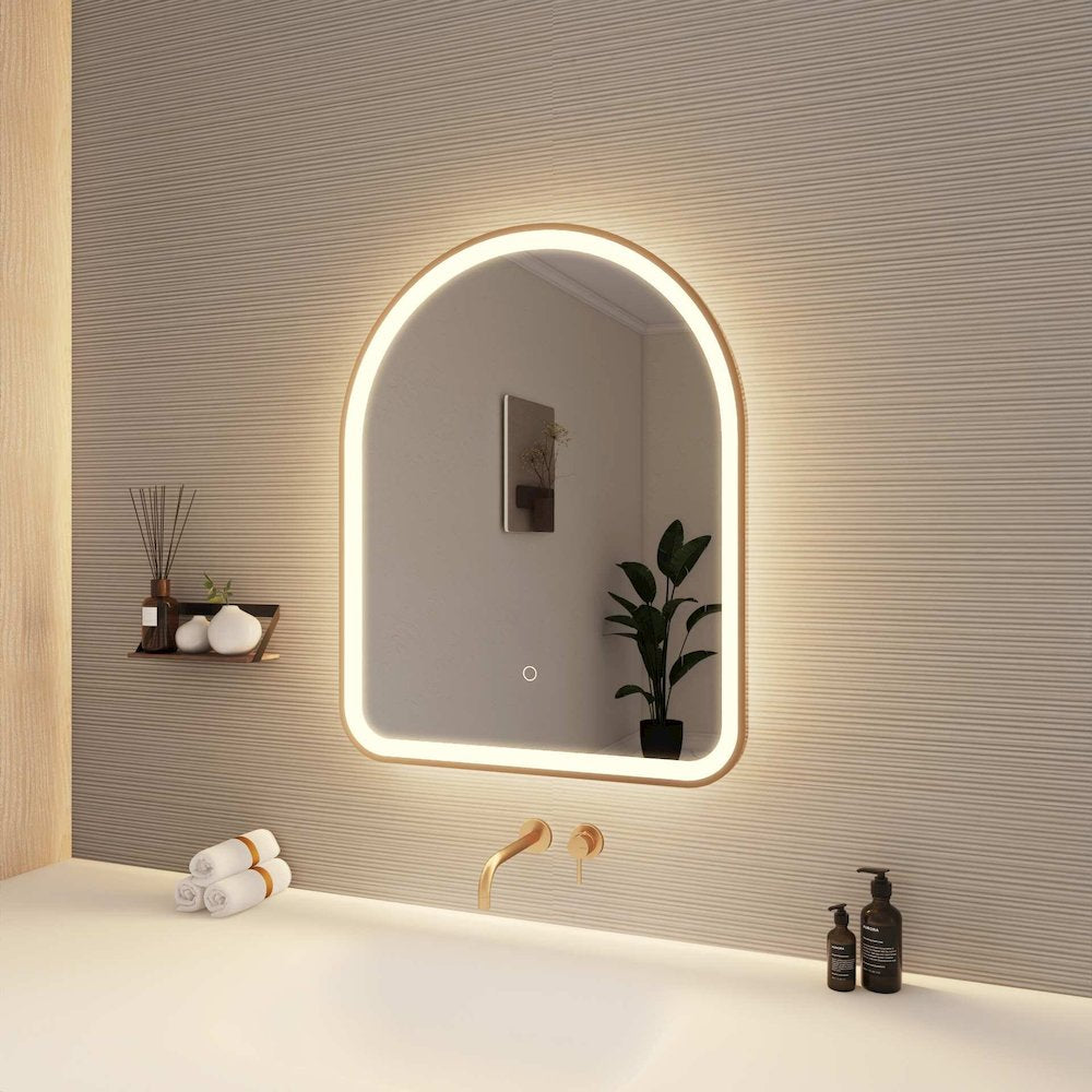 30 Inch Arch LED Front and Backlit Wall Mirror in Satin Gold