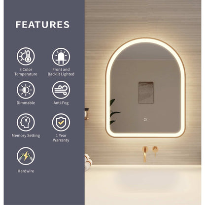 30 Inch Arch LED Front and Backlit Wall Mirror in Satin Gold