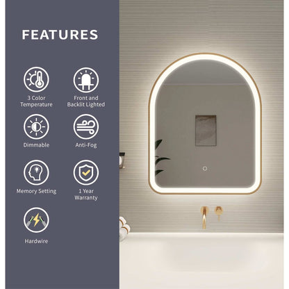 30 Inch Arch LED Front and Backlit Wall Mirror in Satin Gold