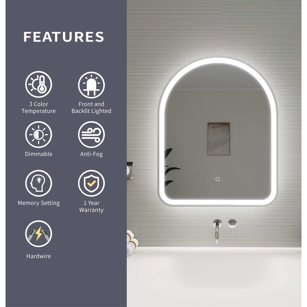 30 Inch Arch LED Front and Backlit Wall Mirror in Silver
