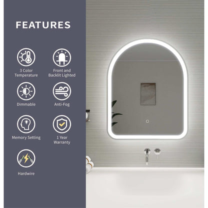 30 Inch Arch LED Front and Backlit Wall Mirror in Silver