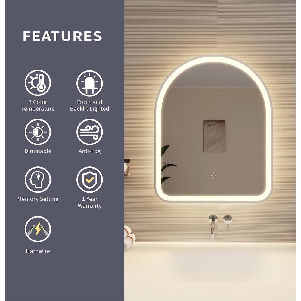 30 Inch Arch LED Front and Backlit Wall Mirror in Silver