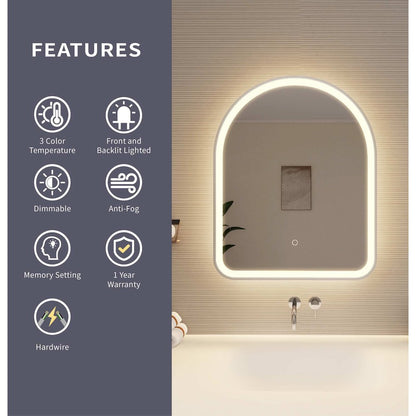 30 Inch Arch LED Front and Backlit Wall Mirror in Silver