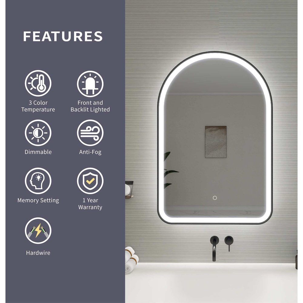 36 Inch Arch LED Front and Backlit Wall Mirror in Black