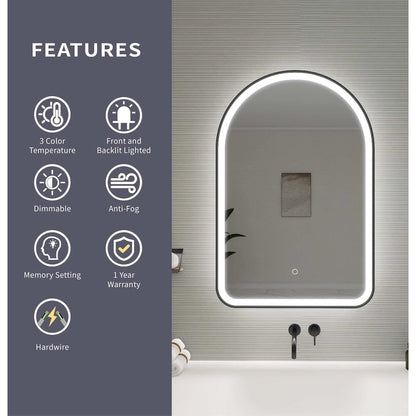 36 Inch Arch LED Front and Backlit Wall Mirror in Black