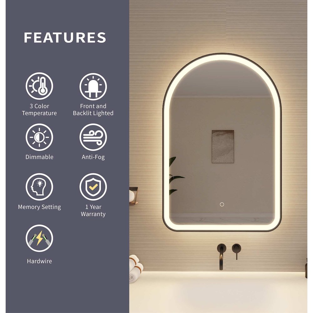 36 Inch Arch LED Front and Backlit Wall Mirror in Black