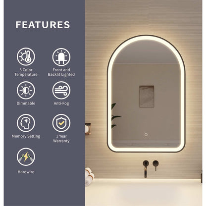 36 Inch Arch LED Front and Backlit Wall Mirror in Black