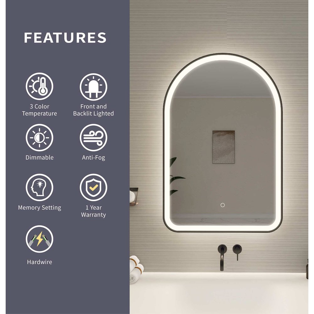 36 Inch Arch LED Front and Backlit Wall Mirror in Black