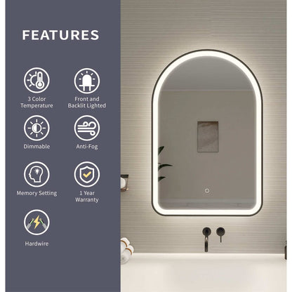 36 Inch Arch LED Front and Backlit Wall Mirror in Black
