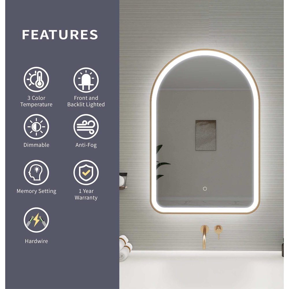 36 Inch Arch LED Front and Backlit Wall Mirror in Satin Gold