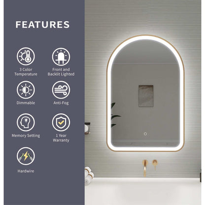 36 Inch Arch LED Front and Backlit Wall Mirror in Satin Gold