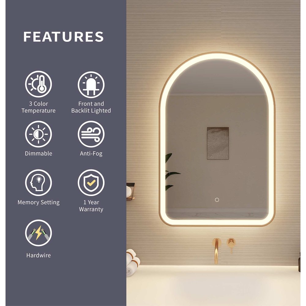 36 Inch Arch LED Front and Backlit Wall Mirror in Satin Gold