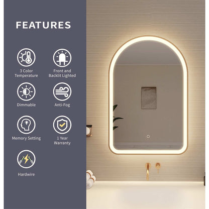 36 Inch Arch LED Front and Backlit Wall Mirror in Satin Gold