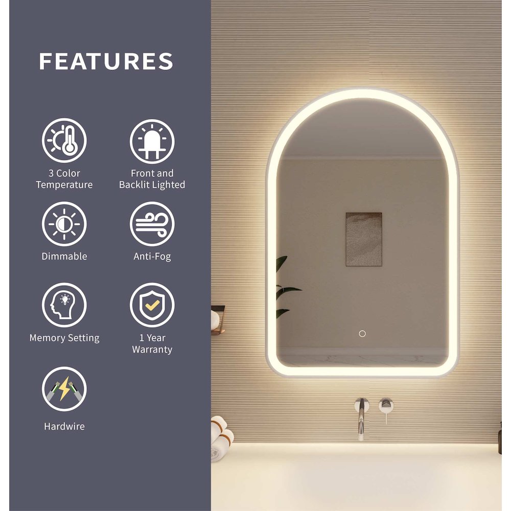 36 Inch Arch LED Front and Backlit Wall Mirror in Silver