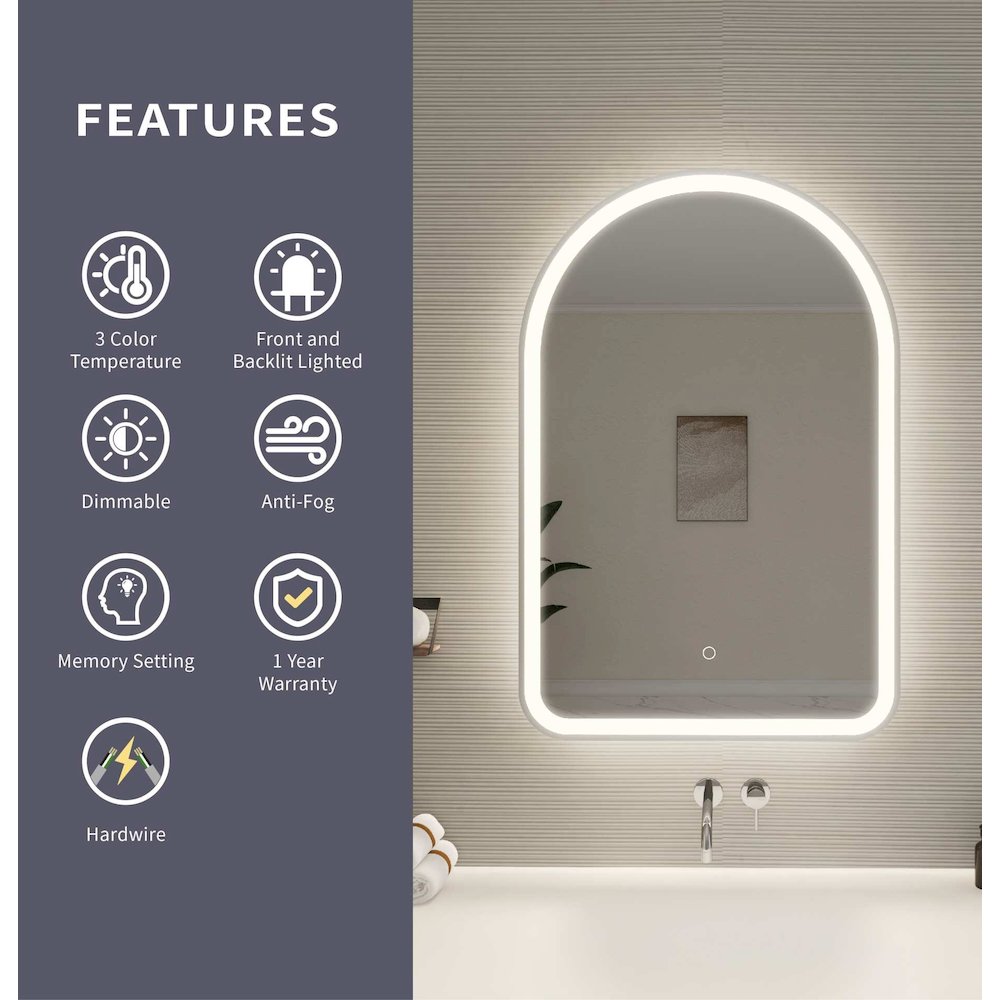 36 Inch Arch LED Front and Backlit Wall Mirror in Silver