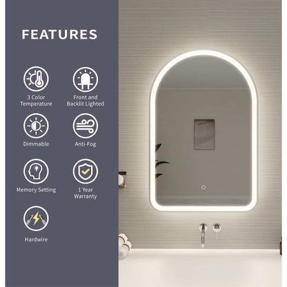 36 Inch Arch LED Front and Backlit Wall Mirror in Silver