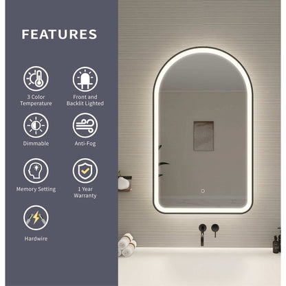 40 Inch Arch LED Front and Backlit Wall Mirror in Black