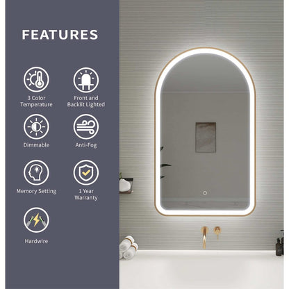 40 Inch Arch LED Front and Backlit Wall Mirror in Satin Gold