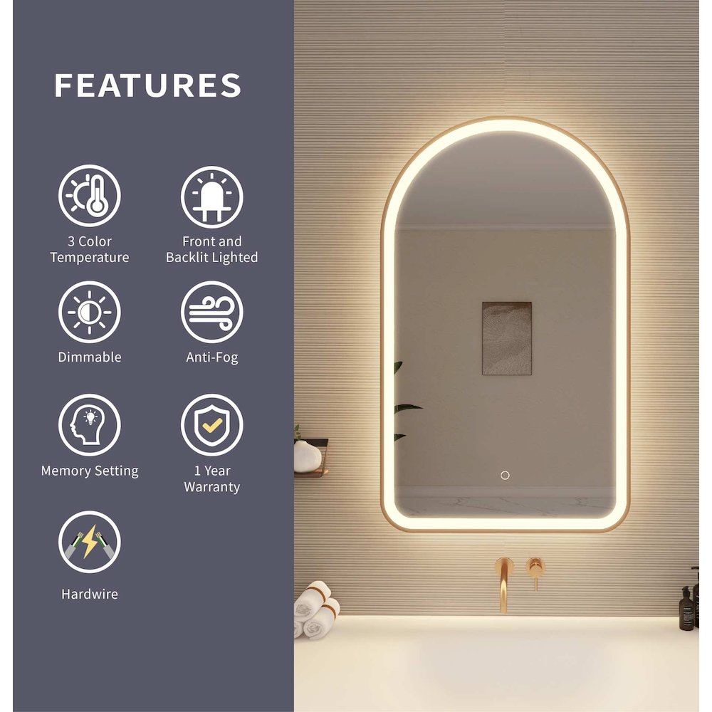 40 Inch Arch LED Front and Backlit Wall Mirror in Satin Gold