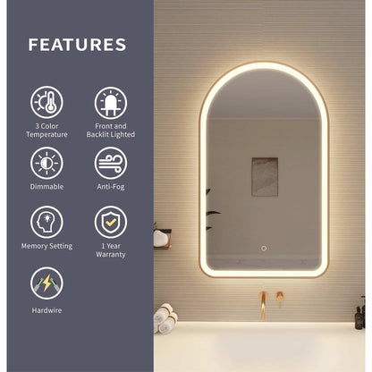 40 Inch Arch LED Front and Backlit Wall Mirror in Satin Gold