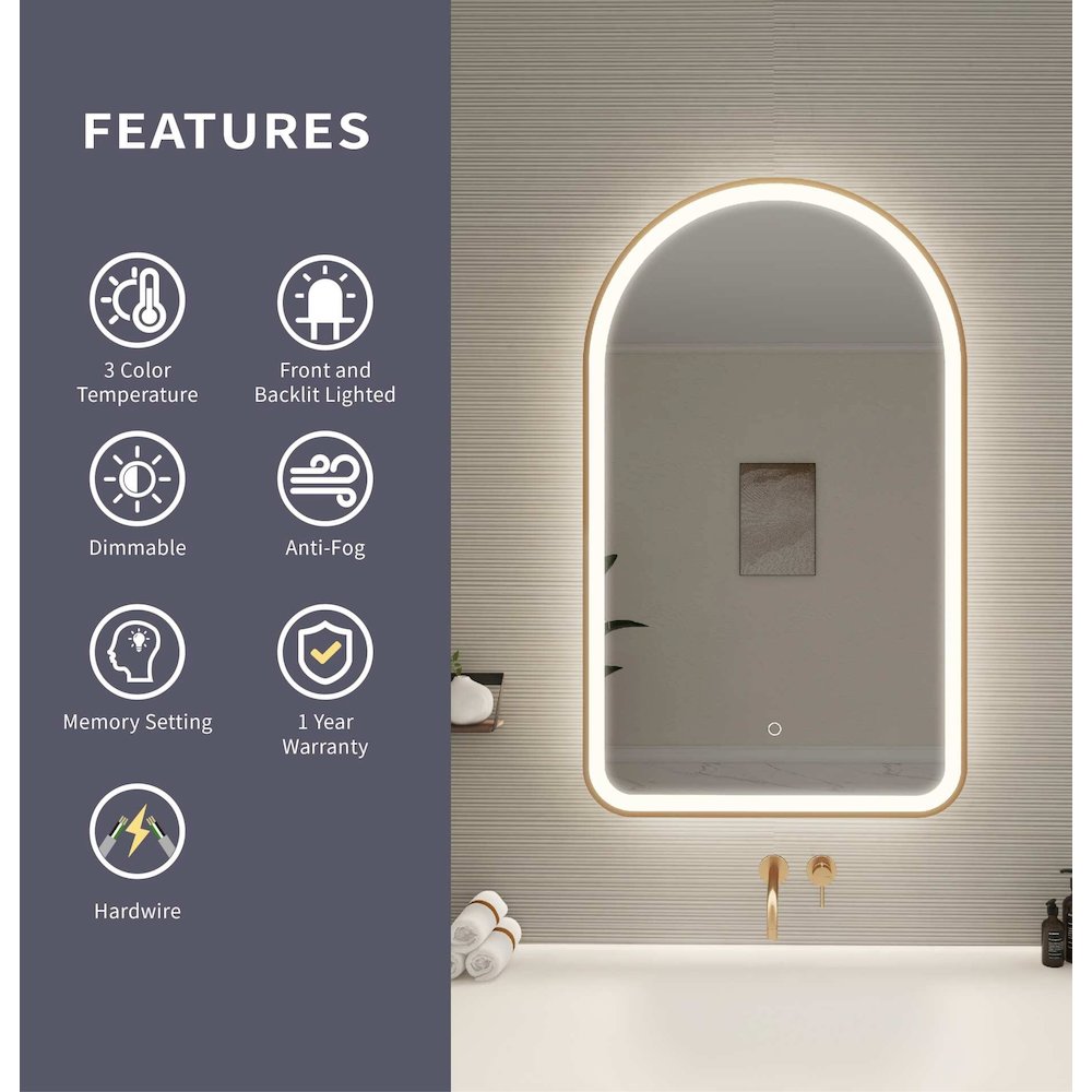 40 Inch Arch LED Front and Backlit Wall Mirror in Satin Gold