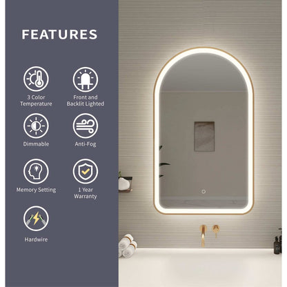 40 Inch Arch LED Front and Backlit Wall Mirror in Satin Gold