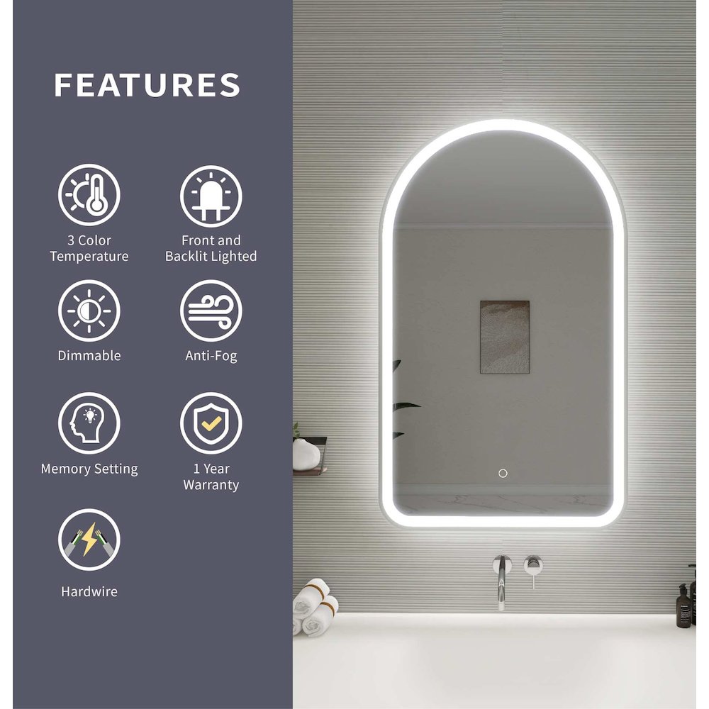 40 Inch Arch LED Front and Backlit Wall Mirror in Silver
