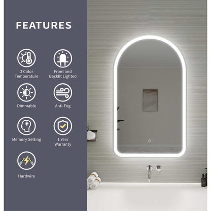 40 Inch Arch LED Front and Backlit Wall Mirror in Silver
