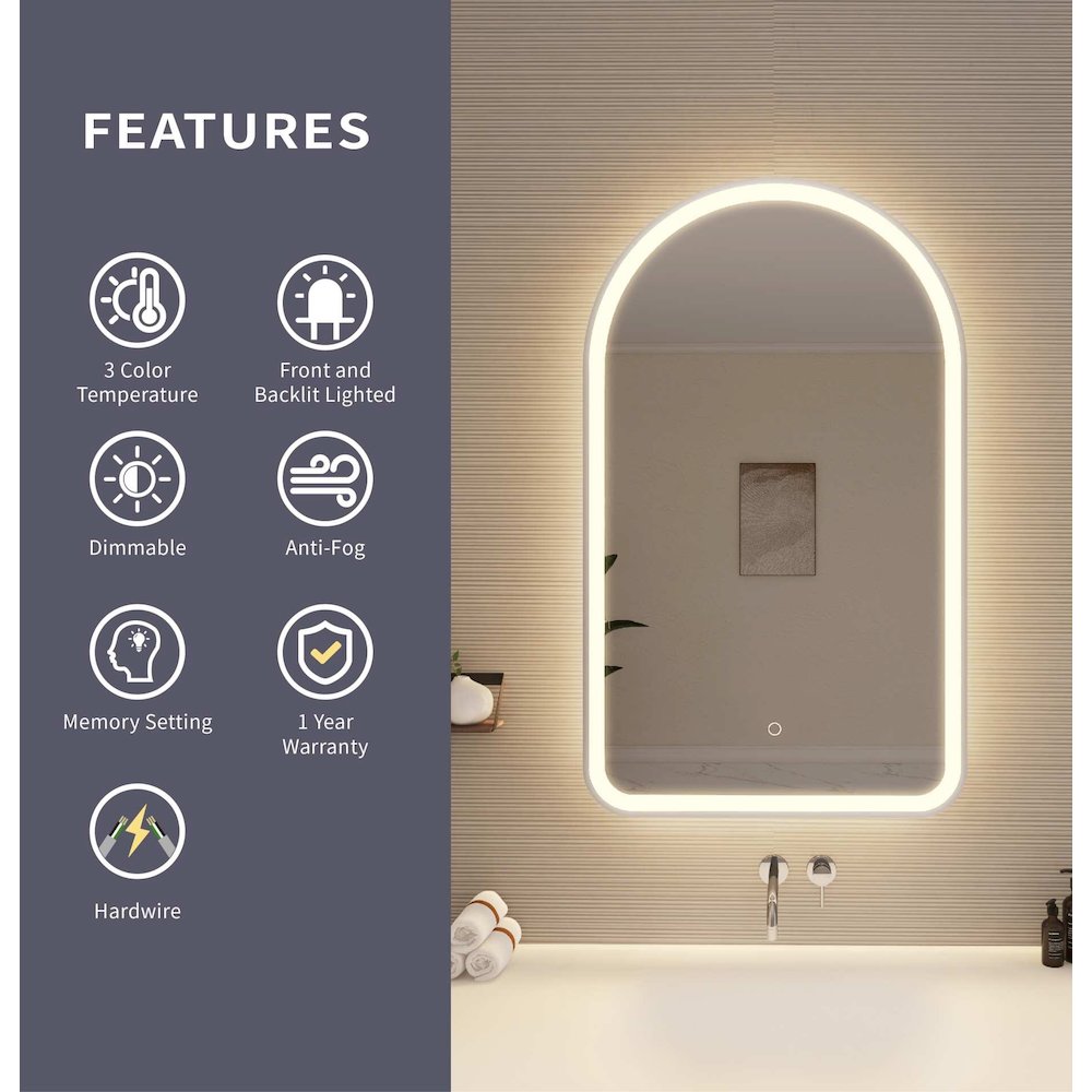 40 Inch Arch LED Front and Backlit Wall Mirror in Silver