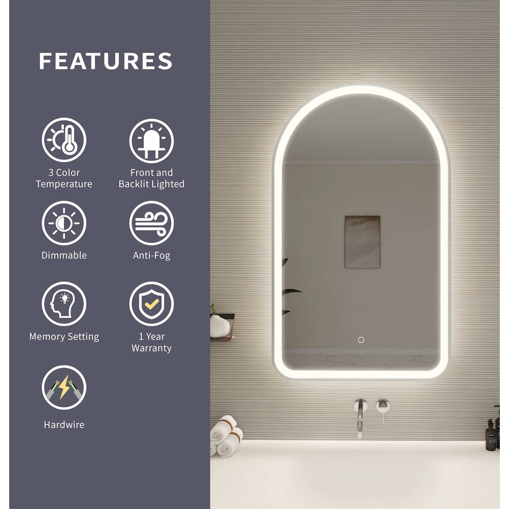 40 Inch Arch LED Front and Backlit Wall Mirror in Silver