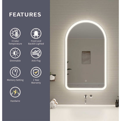 40 Inch Arch LED Front and Backlit Wall Mirror in Silver