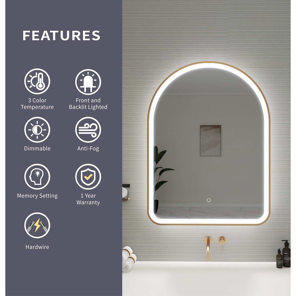 36 Inch Arch LED Front and Backlit Wall Mirror in Satin Gold