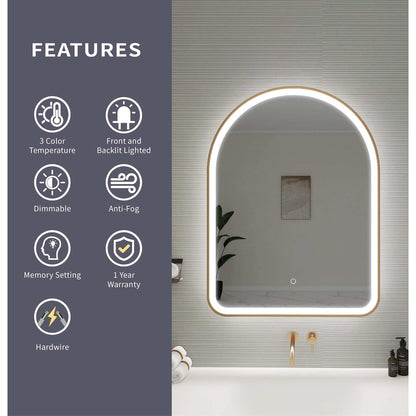 36 Inch Arch LED Front and Backlit Wall Mirror in Satin Gold