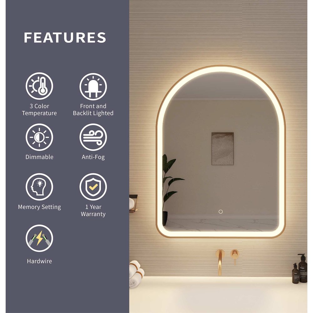 36 Inch Arch LED Front and Backlit Wall Mirror in Satin Gold