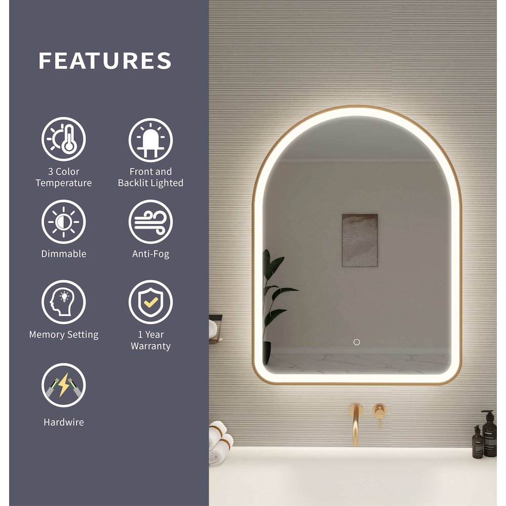 36 Inch Arch LED Front and Backlit Wall Mirror in Satin Gold